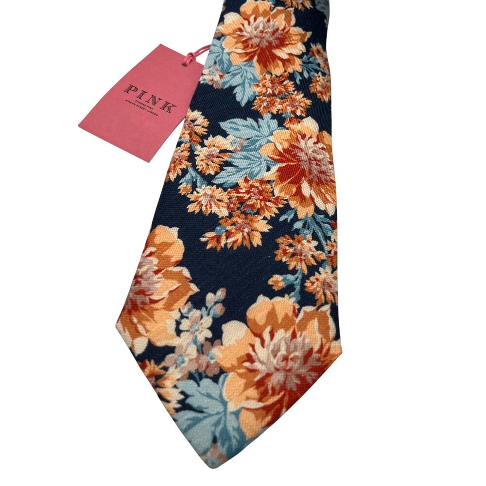NWT $95 Thomas Pink Mason Floral Traditional Silk Navy Yellow Brown Neck Tie